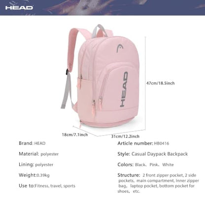 HEAD Gym Tennis Backpack for Women with Shoes Pocket Fits 15.6 inch Laptop - color: Pink With Bottom Pocket