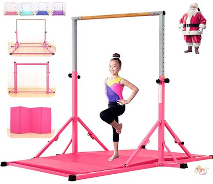 Marfula Gymnastic Bar For Kid and Teenage of 3-25, 5Ft/8 FT Base Length 4Ft Width 5Ft Adjust Height, Gymnastic Kip Bar For Gymnast, Gymnastic Training Equipment For Professional Training Home Club Use - color: Pink (Bar with Mat - 8 Ft Base)