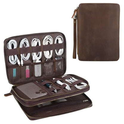 TIDING Leather Cable Electronics Organizer Case, Double Layer Travel Electronic Storage Bag for Charger, Cables, Phone, SD Card