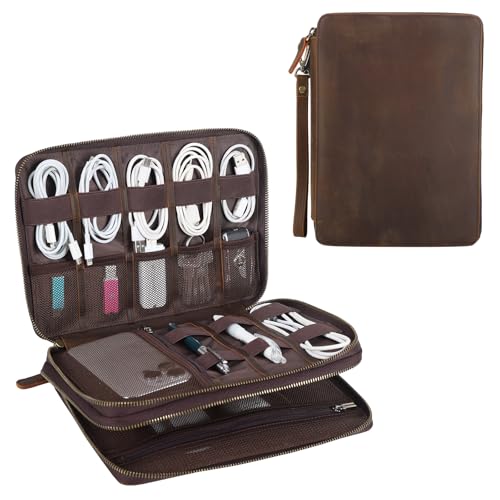 TIDING Leather Cable Electronics Organizer Case, Double Layer Travel Electronic Storage Bag for Charger, Cables, Phone, SD Card