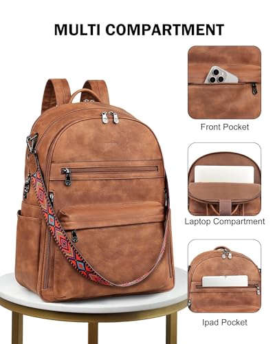 FADEON 15.6 inch Laptop Backpack Purse for Women Designer PU Leather Computer Backpacks Fashion for Work Travel Brown - color: 1 Brown Retro Style
