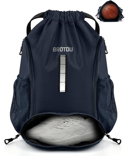 BROTOU Soccer Drawstring Backpack, Basketball Bag, Volleyball Football Bags with Ball and Shoe Compartment - color: Navy Blue