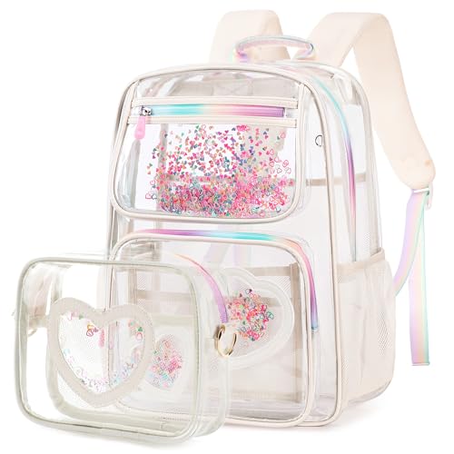 Clear Backpack for Girls,Transparent Backpacks Crossbody Bag for Kids Elementary School Student,Heavy Duty See Through Daypack 2PCS Bookbag Stadium Approved for Teen,College,Work,Travel,Concert White - color: Beige