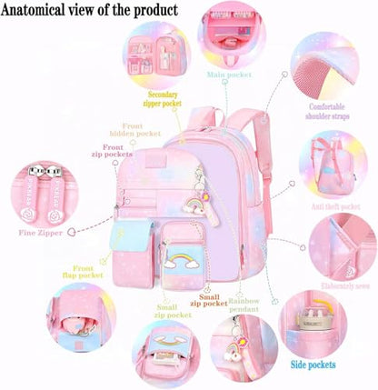 Girls Gradient Rainbow Backpack,Cute Student School Backpack With Pen Bag,Starry Rainbow Laptop Travel Bag-Purple - color: Gradient Purple