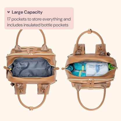 BabbleRoo Leather Diaper Bag Backpack - Baby Essentials Travel Baby Bag, Multi function, Water Resistant, with Changing Pad, Stroller Straps & Pacifier Case – Unisex, Light Brown - color: Vegan Leather Light Brown, size: Large