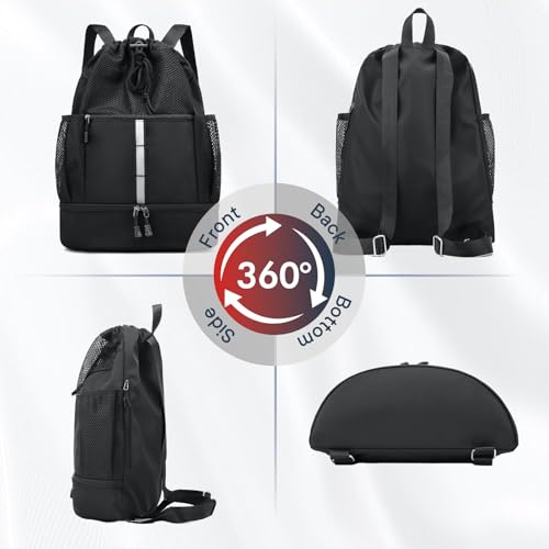 PinCute Drawstring Gym Bag for Men/Women - Mesh Beach Swim Bags Sports Backpack with Wet Pocket&Shoe Compartment, Lightweight - color: Black