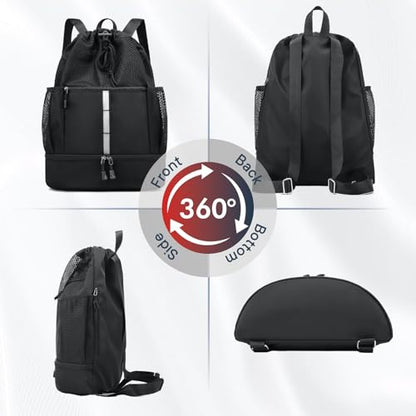 PinCute Drawstring Gym Bag for Men/Women - Mesh Beach Swim Bags Sports Backpack with Wet Pocket&Shoe Compartment, Lightweight - color: Black