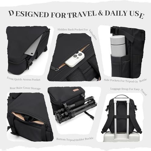 Camera Backpack for Photographers, DSLR/SLR Mirrorless Camera Bag with 14 Inch Laptop Compartment & Tripod Holder, Waterproof Rain Cover Photography Travel Daypack for Sony Canon Nikon Drone (Black) - color: Black