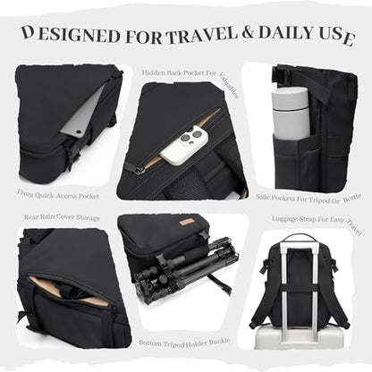 Camera Backpack for Photographers, DSLR/SLR Mirrorless Camera Bag with 14 Inch Laptop Compartment & Tripod Holder, Waterproof Rain Cover Photography Travel Daypack for Sony Canon Nikon Drone (Black) - color: Black