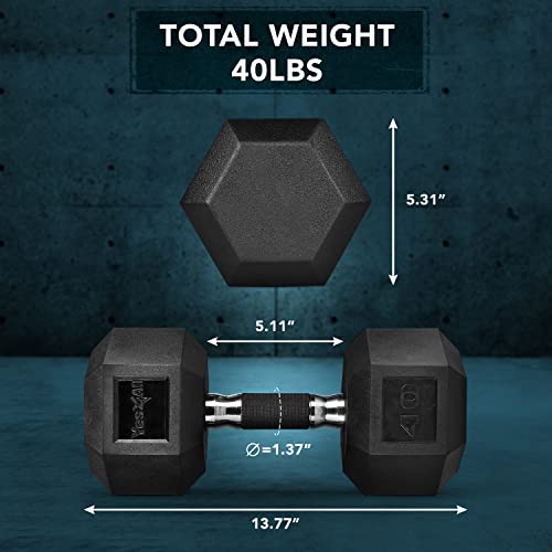 Yes4All Rubber Grip Encased Hex Dumbbell – Hand Weights With Anti-Slip 5-50 LBS Single - color: H. 40 Pounds