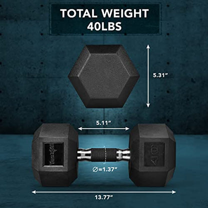 Yes4All Rubber Grip Encased Hex Dumbbell – Hand Weights With Anti-Slip 5-50 LBS Single - color: H. 40 Pounds