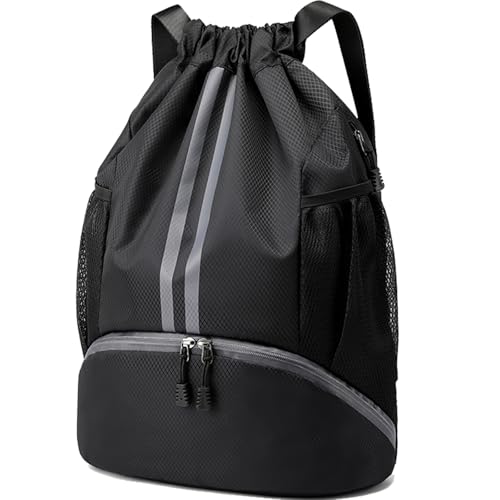 Hoedia Sports Drawstring Backpack - String Swim Gym Bag with Shoes Compartment and Wet Proof Pocket for Women&Men - color: Black, size: Large