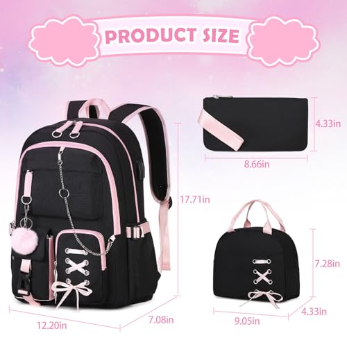Backpacks for Girls, Girls Backpack with Lunch Box and Pencil Case for Teen Kids Elementary Middle High School College Student, Children Backpack Bookbag with USB Charging Port (Black Pink with Chain) - color: Black & Pink With Chain