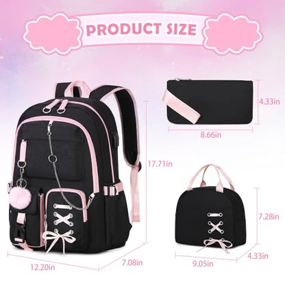 Backpacks for Girls, Girls Backpack with Lunch Box and Pencil Case for Teen Kids Elementary Middle High School College Student, Children Backpack Bookbag with USB Charging Port (Black Pink with Chain) - color: Black & Pink With Chain