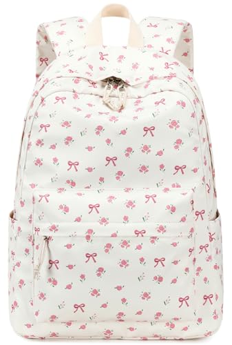 Bluboon School Backpack for Teen Girls Women Laptop Backpack College Bookbags Middle School Travel Work Commuter Back Pack - color: Beige Bow Tie