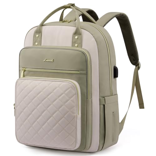 LOVEVOOK Laptop Backpack Purse for Women, 15.6" Laptop Bag for Travel with USB Port, Water Resistant Lightweight Daypacks for College Work Business, Nurse Teacher Computer Backpacks - color: Bean Green-light Yellow, size: 15.6-Inch