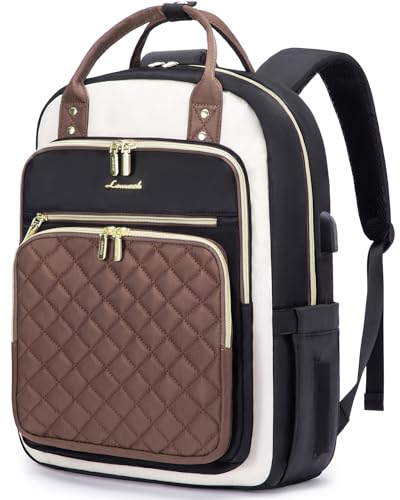 LOVEVOOK Laptop Backpack Purse for Women, 15.6" Laptop Bag for Travel with USB Port, Water Resistant Lightweight Daypacks for College Work Business, Nurse Teacher Computer Backpacks - color: E-brown-black-beige, size: 15.6-Inch