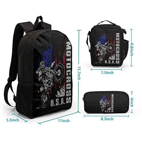 Giwawa Motocross Vehicle Teens School Backpack Set American Flag Canvas Girls Boys School Bags Travel Bookbags 3 in 1 - color: Motorcycle Flag
