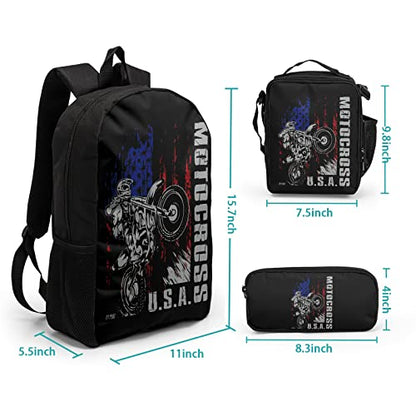 Giwawa Motocross Vehicle Teens School Backpack Set American Flag Canvas Girls Boys School Bags Travel Bookbags 3 in 1 - color: Motorcycle Flag