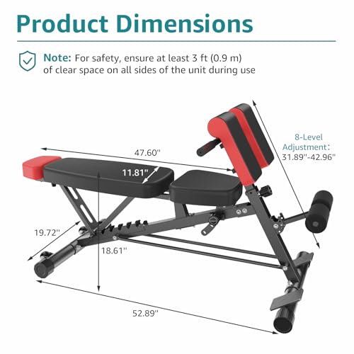 OLIXIS Adjustable Weight Bench, 660 LBS Foldable Workout Bench Press | Heavy Duty Chest Press Machine with Hyper Back Extension & 2 Wheels, for Flat Incline Decline Sit Up for Home Gym - color: Classic Black & Red
