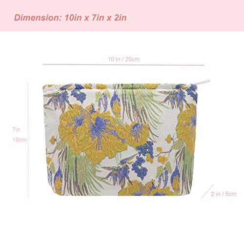 Makeup Bags for Purse Zipper Cosmetic Pouch Large Travel Canvas Make Up Organizer Tool Pouch for Women and Girls,Brocade Flower Yellow - color: Brocade Flower Yellow