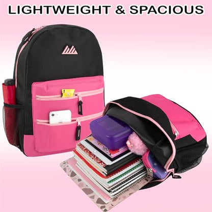 Summit Ridge Colorful Big Backpack for School Kids, Multi Pocket Backpack for Elementary, Middle School Girls, Boys with Padded Straps (Black/Pink) - color: Black/Pink