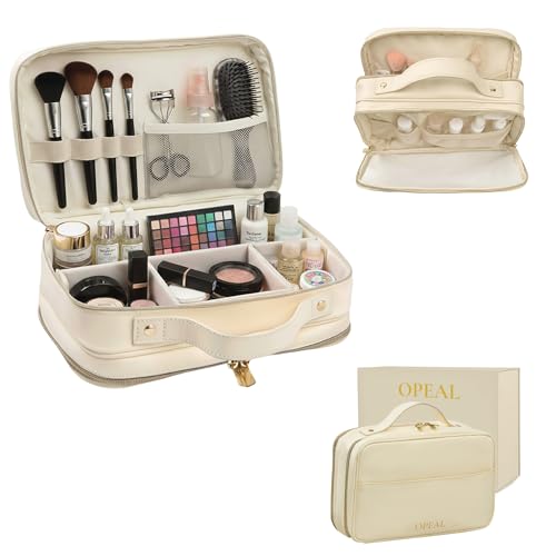 2-in-1 Travel Makeup and TSA Toiletry Organizer for Women – Flexible Compartments, Clear TSA Window, Wipe Clean Vegan Leather, Gift Box Included – Carry-On Approved, Cream - color: Cream Beige