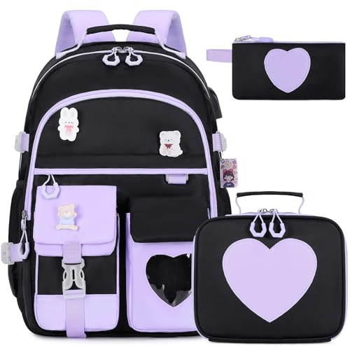 ACESAK Backpack for Girls - Bookbag Backpacks Schoolbag for Girls Kids Teen Women Casual Travel Daypacks - School Bag Elementary Middle School College Cute Backpack with Lunch Box (Purple Black) - color: Purple Black