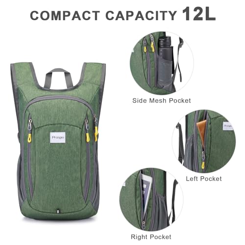 Prospo 12L Hiking Backpack Small Lightweight Travel Backpack for Women Men Casual Foldable Shoulder Bag - color: Green