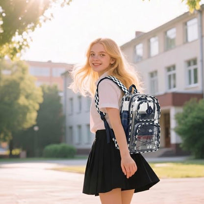 Clear Backpacks for Girls Women, Heavy Duty PVC Transparent Back Pack See Through Boys Kids Clear Bookbags for School Checkered Navy Blue - color: Checkered Navy Blue