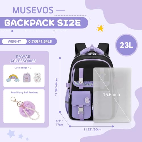 MUSEVOS Girls Backpack, Kids Backpack for Girls, School Bookbag for Teens Age 6-15, Large Capacity Water Resistant Backpack for Elementary to High School, Cute Travel Daypack, Black Purple - color: Black Purple