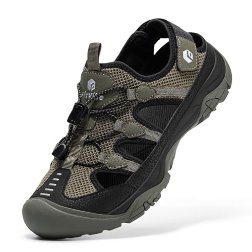 FitVille Men's Walking Sandals, Wide-Fit Closed Toe Hiking Sandals with Arch Support for Plantar Fasciitis, Quick-Adjust Straps & Non-Slip Sole Men Shoes for Summer Outdoor Casual Sports - color: Sage Green, size: 10.5 Wide