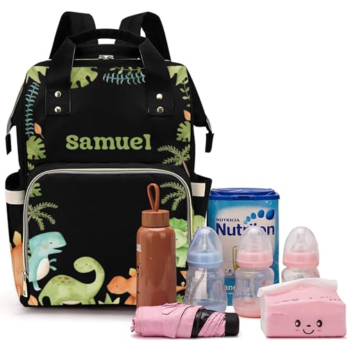 Personalized Diaper Bag with Name, Custom Cute Green Dinosaur Theme Bag, Black Monogram Nappy Backpack with Thermal Pockets for Adults, Large Capacity Waterproof Diaper Bag - color: Cute Dinosaur