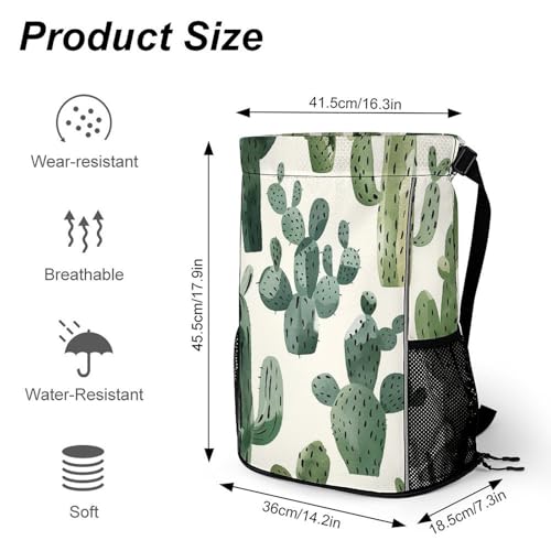 Drawstring Gym Backpack with Shoe Compartment And Wet Pocket, 28L Lightweight Waterproof Light Cactus Pattern Sports Backpack for Workout Swim Beach Travel String Bag for Men Women