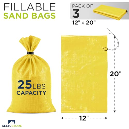 Heavy Duty Sand Bags Pack of 3, Bright Yellow Empty Sandbags with Built-In Ties, Woven Polypropylene UV Protection 1600 Hours, Fillable Bags for Flood Control, Weight, 12x20 inches, 25 Pounds Volume - size: 12"W x 20"L, style: Pack of 3
