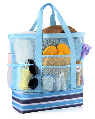 CaCTOUR Beach Bag with Cooler Compartment,Mesh Beach Bag Dry Wet Detachable with Zipper Pockets,Waterproof Sandproof Pool Bag - color: Blue