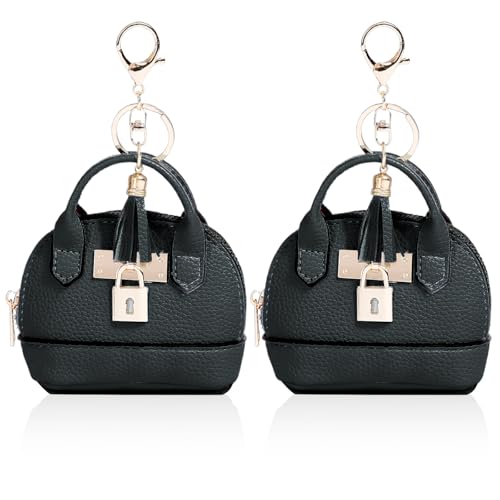 2 pcs Cute Mini Cosmetic Bag for Women PU Leather Backpack Keychain Makeup Bag Key Pocket Lipstick Bag Card Holder Data Cable Organizer Zipper Pouch (Handbag, Black) - color: Black