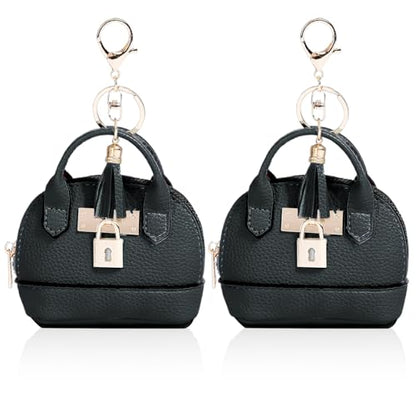 2 pcs Cute Mini Cosmetic Bag for Women PU Leather Backpack Keychain Makeup Bag Key Pocket Lipstick Bag Card Holder Data Cable Organizer Zipper Pouch (Handbag, Black) - color: Black