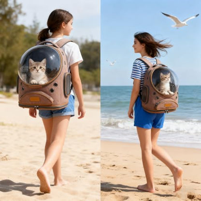 Cat Backpack Carrier, Breathable Cat Carrier Large Space Bubble Pet Backpack for Small Dog and Large cat up to 18lbs, Transparent & Foldable Pet Carrier for Travel Hiking (Brown) - color: Brown
