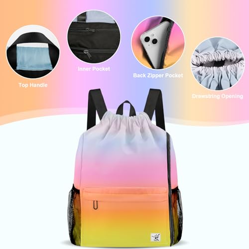 Drawstring Backpack with Mesh Pockets String Gym Bag Sackpack Sandproof Water Resistant Beach Backpack for Men Women - color: Gradient Rainbow