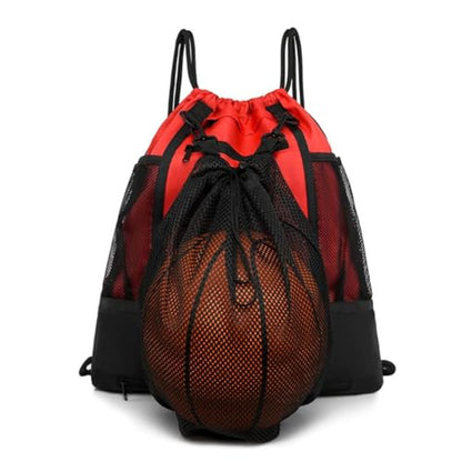 STAY GENT Drawstring Basketball Backpack for Boys, Foldable Soccer Backpack Gym Bag Sackpack Sports Sack with Detachable Ball Mesh Bag for Volleyball Baseball Yoga - color: Red