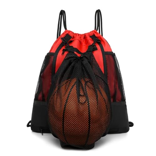STAY GENT Drawstring Basketball Backpack for Boys, Foldable Soccer Backpack Gym Bag Sackpack Sports Sack with Detachable Ball Mesh Bag for Volleyball Baseball Yoga - color: Red