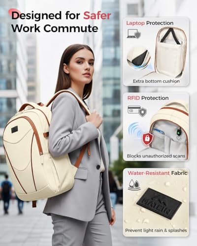 MATEIN HER Teacher Backpack, Computer Backpack for Women Fits 17.3'' Laptop | Water Bottle Holder, Water Resistant, Anti Theft, with Lunch Compartment, Office Travel Commute, Laptop Bookbag for College - color: Beige
