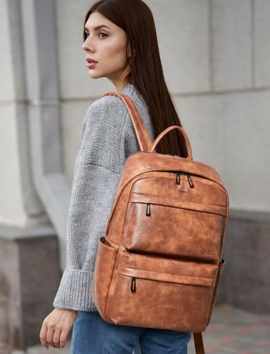 Vegan Leather Backpack for Women and Men, Fits 16.0 Inch Laptop, Multi-Pocket Design with Water Bottle and Luggage Strap, Ideal for Work, Travel, and Daily Use, Brown - color: 1-1 Brown