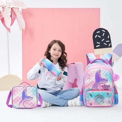 Meetbelify Kids School Backpacks for Girls Boys Backpack with Lunch Bag for Elmentary Students - color: 01 Mermaid