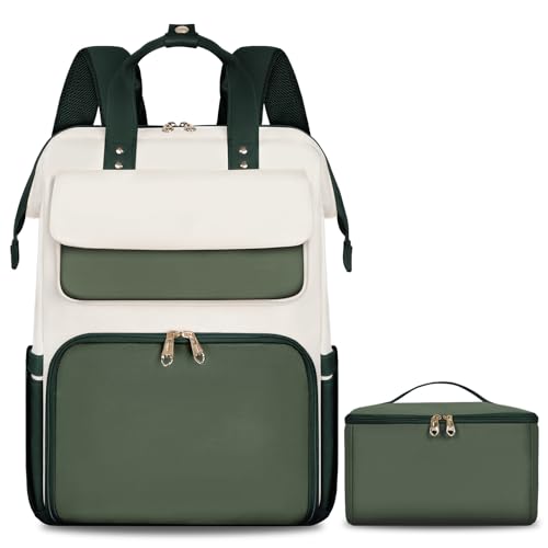 BERTASCHE Lunch Backpack for Women, 15.6 Inch Laptop Backpack with Insulated Cooler Lunch box, Nurse Backpack for Teacher Work Travel College Picnic,Green-Beige - color: Green-beige, size: 15.6 inch