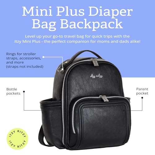 Itzy Ritzy Mini Diaper Bag Backpack – Chic, Compact Mini Plus Backpack with Changing Pad, 10 Pockets (6 Internal, 4 External), Grab-Top Handle & Rubber Feet (Black w/Silver Hardware) - color: Black With Silver Hardware - Plus