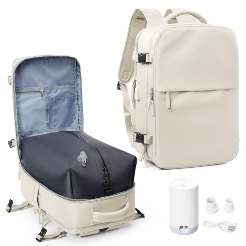 suwasp Vacuum Compression Backpack, 45L Expandable Travel Backpack with Electric Vacpack Pump, Travel Vacuum Bags with Shoe Compartment/17inch Laptop Compartment/USB Port, Beige - color: Beige, size: Medium