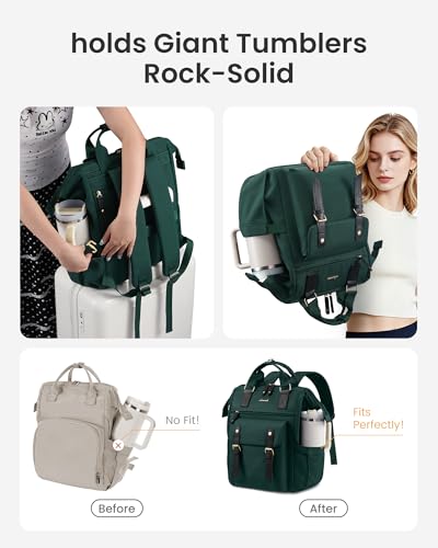 LOVEVOOK Laptop Backpack for Women with Giant Tumbler Holder Pocket,15.6 inch Waterproof Travel Backpack Purse Computer Laptop Bag - color: Dark Green, size: 15.6 Inch Cup