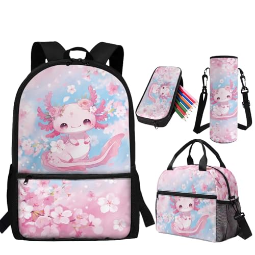 Cherry Blossom Axolotl Backpack for Girls Kids Backpacks with Lunch Box Pencil Pouch Water Bottle Sleeve 4PCS Set 1st Grade Backpack Girls Bookbag for Primary Elementary School Bag - color: Axolotl Cherry Blossom